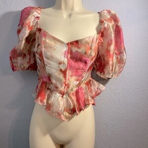 Storia Women’s pink satin marble puffy sleeve top